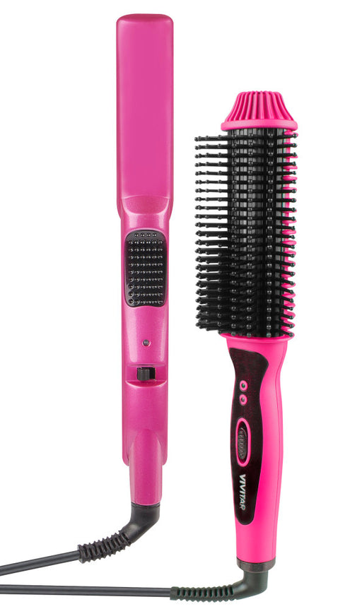 Vivitar Brush Dryer Flat Iron Heated Hair Brush Combo Kit